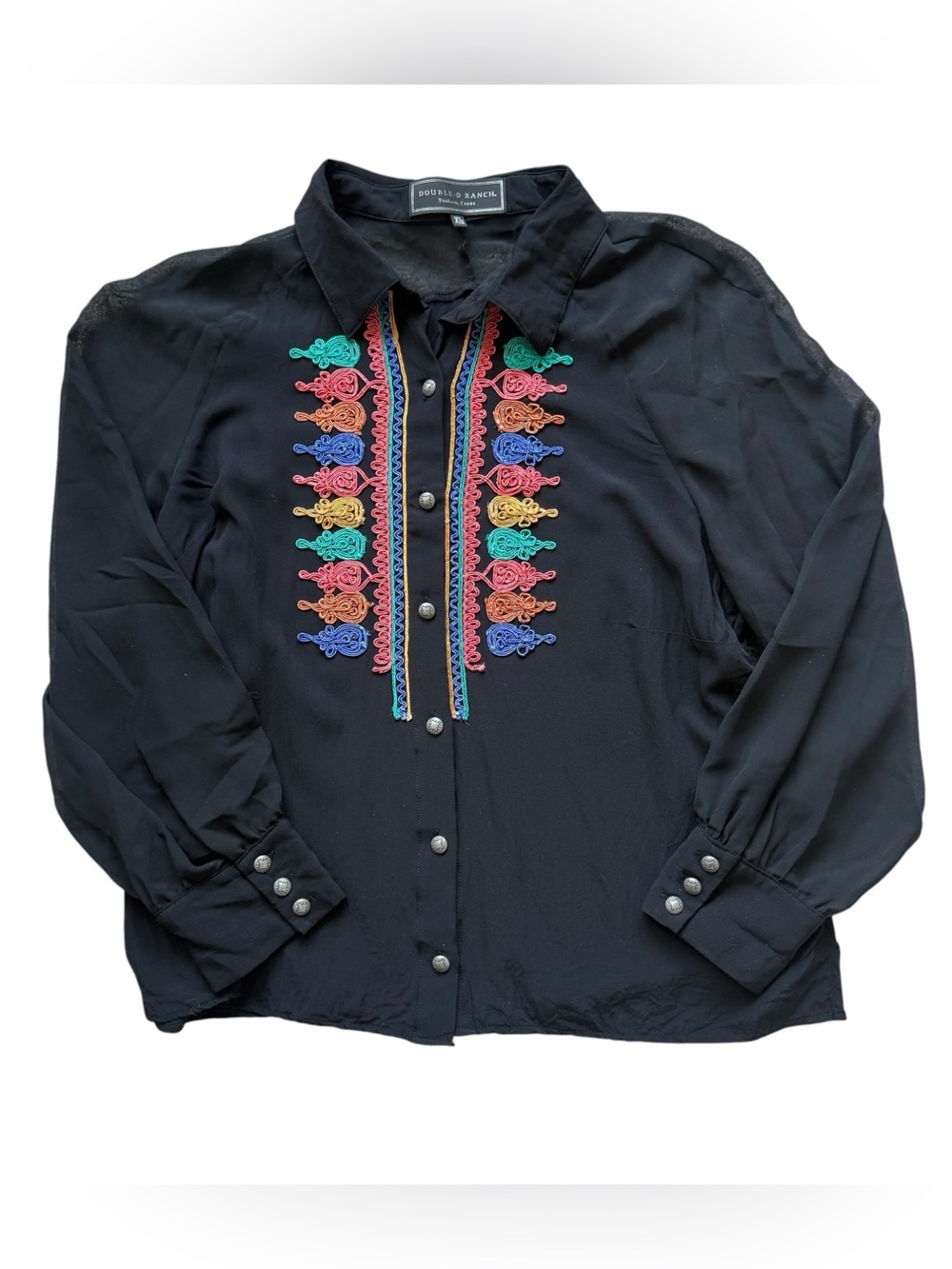 Double D Ranch Black Soutache Embroidered Concho Button Western Blouse XL Rodeo